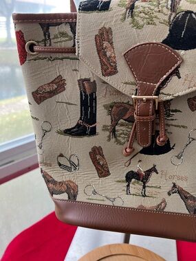 Tapestry Equestrian Print Drawstring Backpack with Brown Leather Trim
